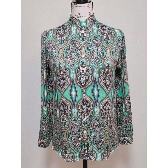 💚 CRAIG TAYLOR Women's Silk Button-down Paisley Print Green Shirt Blouse XS - Picture 3 of 16